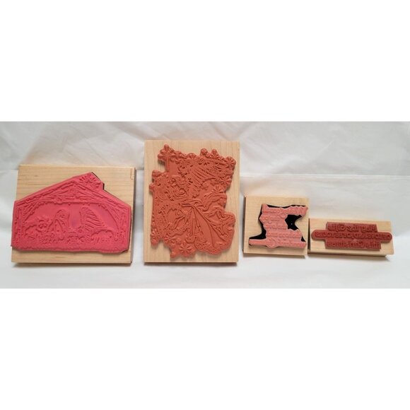 Lot of 4 Vintage Wooden Rubber Stamps Christmas Themes Nativity Angel Sentiments - Picture 2 of 6